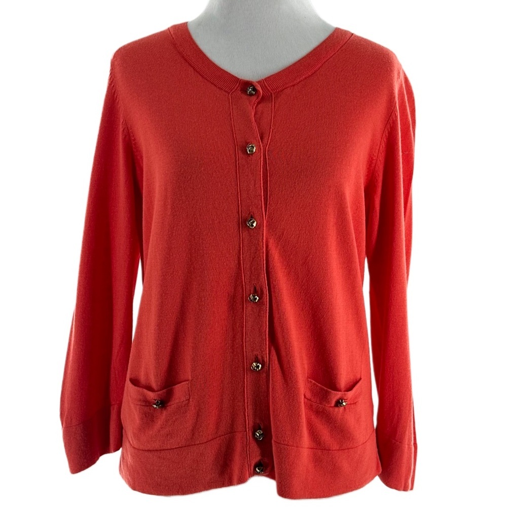 Talbots womens button down cardigan size M orange gold button petites 60% cotton
